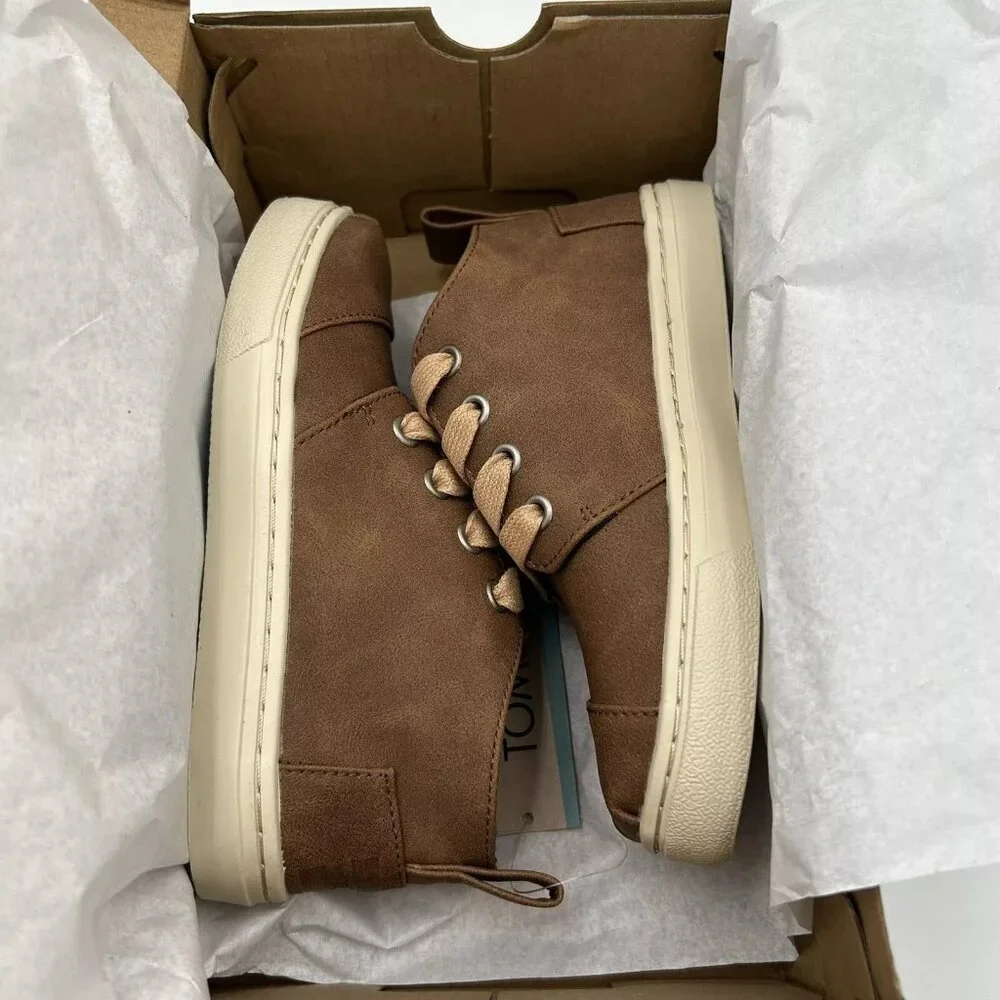 TOMS Little Boy's Leather Sneaker Booties Size 12.5 Brown Grained Finish Lace-up